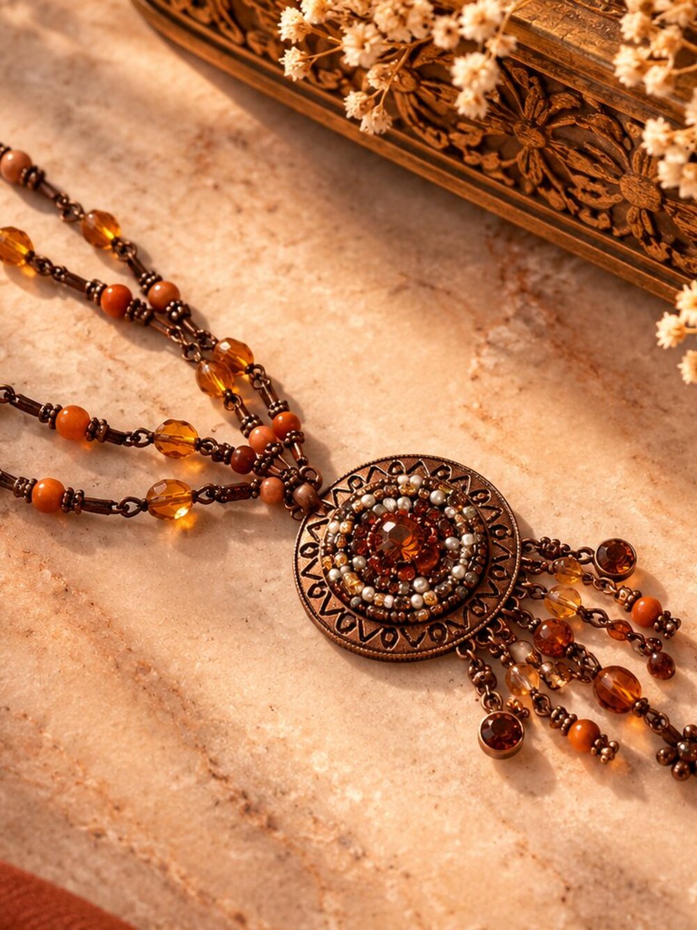 Boho Vintage Copper Beaded Statement Pendant Necklace